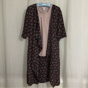 LuLaRoe S Navy Pink Green Ditsy Floral Open Front Kimono Duster